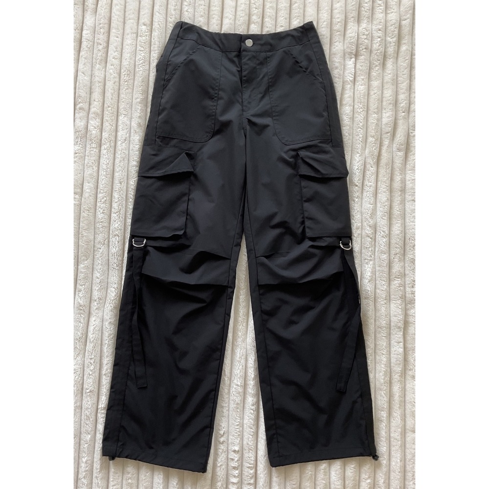 Womens Black Techwear Cargo Pants Wide Leg Utility Trousers Straps D-Ring Small